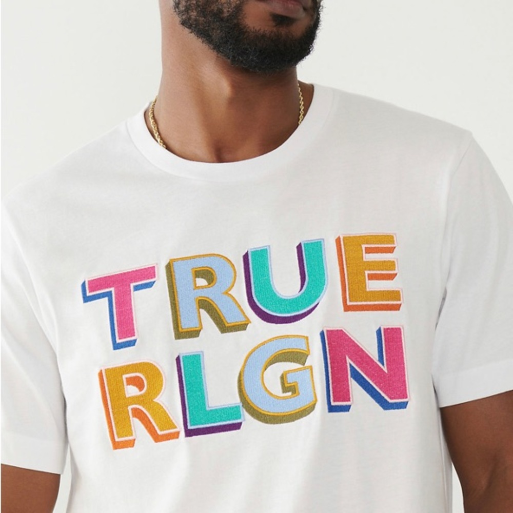 True Religion Mens XL Shirt - Optic White Block Letter Tee - Embrodiered - Picture 2 of 3
